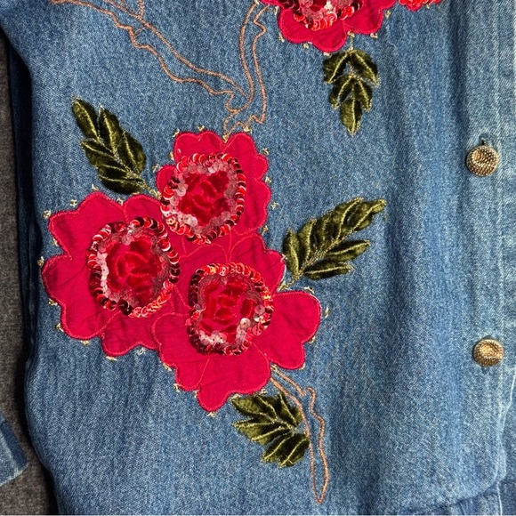 Tantrums Blue Jean Jacket with Red Floral Embroidery - Picture 4 of 13